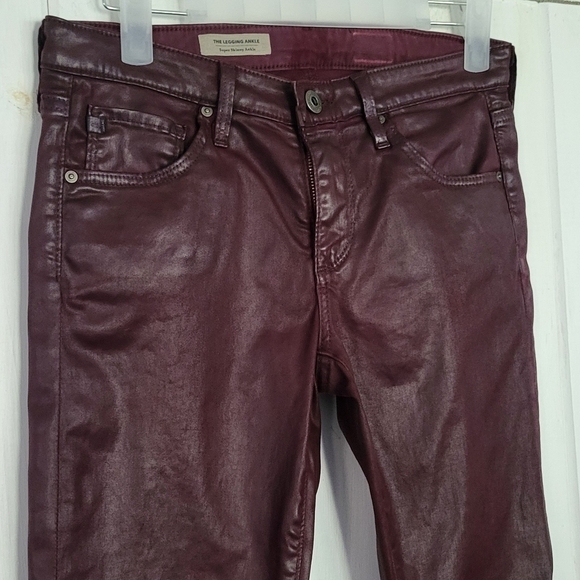 AG Super Skinny Burgundy Red Coated Faux Leather Jeans. - Picture 4 of 12